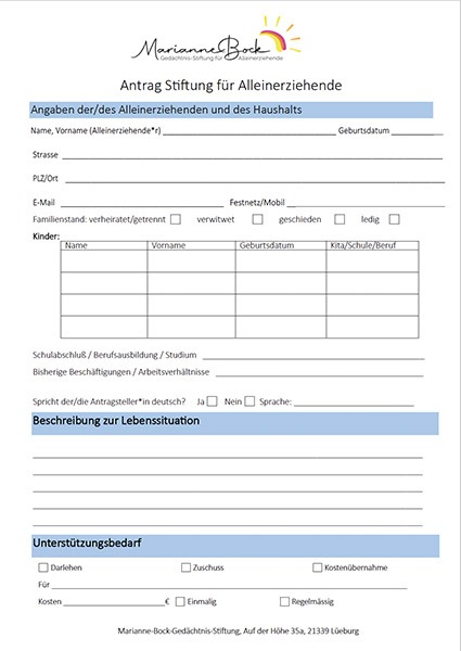 Antrag auf Unterstützung durch die Marianne Bock Gedächtnis-Stiftung oder die Helene Wilken Stiftung